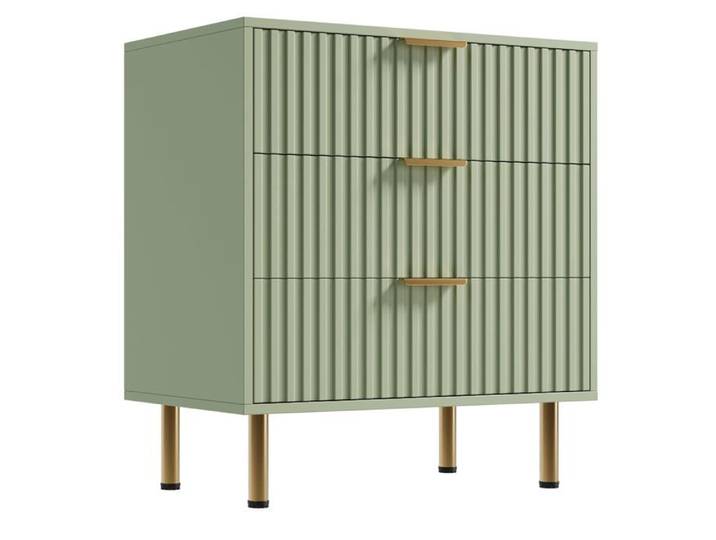 Commode 3 tiroirs cannelés vert gris mat à poignées dorées grand rangement bois moderne chambre salon entrée