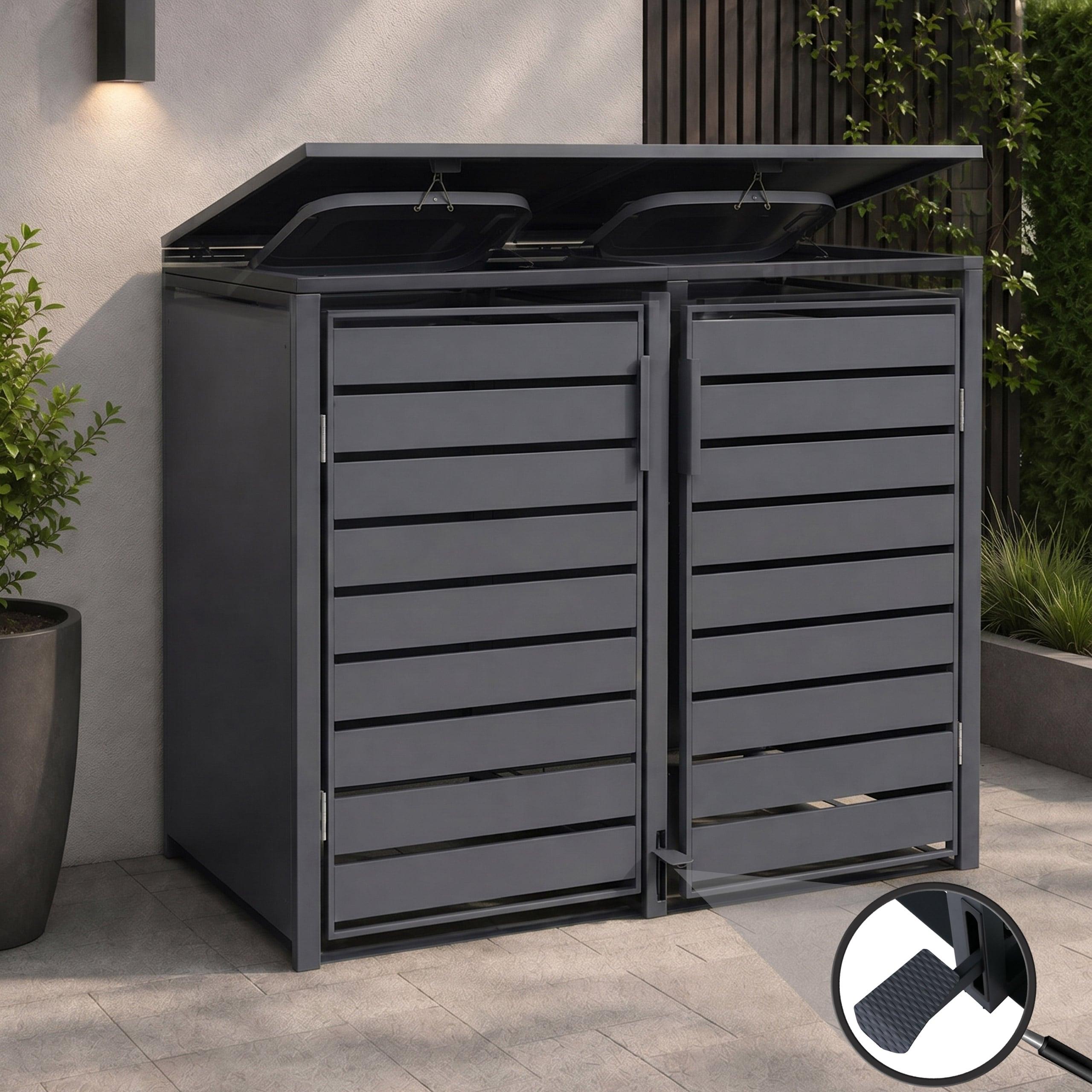 2er-Mülltonnenverkleidung MCW-Q75, Mülltonnenbox Mülltonnenhaus, Deckel Fußpedal Metall 116x132x89cm 53kg anthrazit