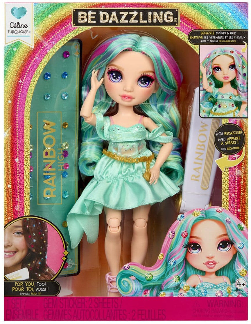 MGA Entertainment Rainbow High Be Dazzling Celine Turquoise Fashion Doll with Bedazzling Tool for Kids, 11 in, Turquoise