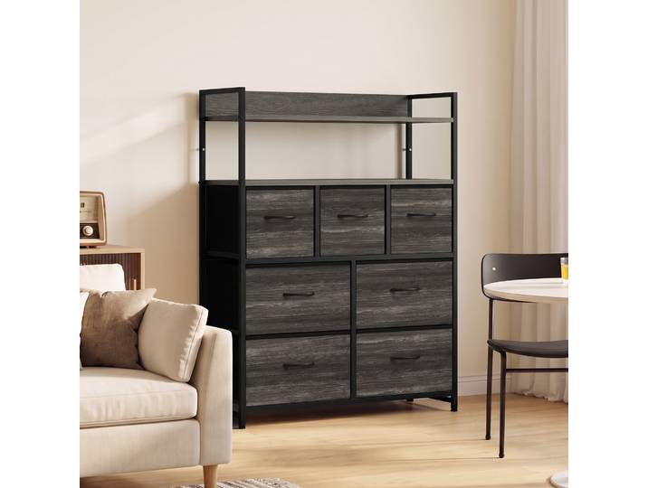 HOMCOM Commode 7 Tiroirs Tissu Gris avec Étagères Ouvertes