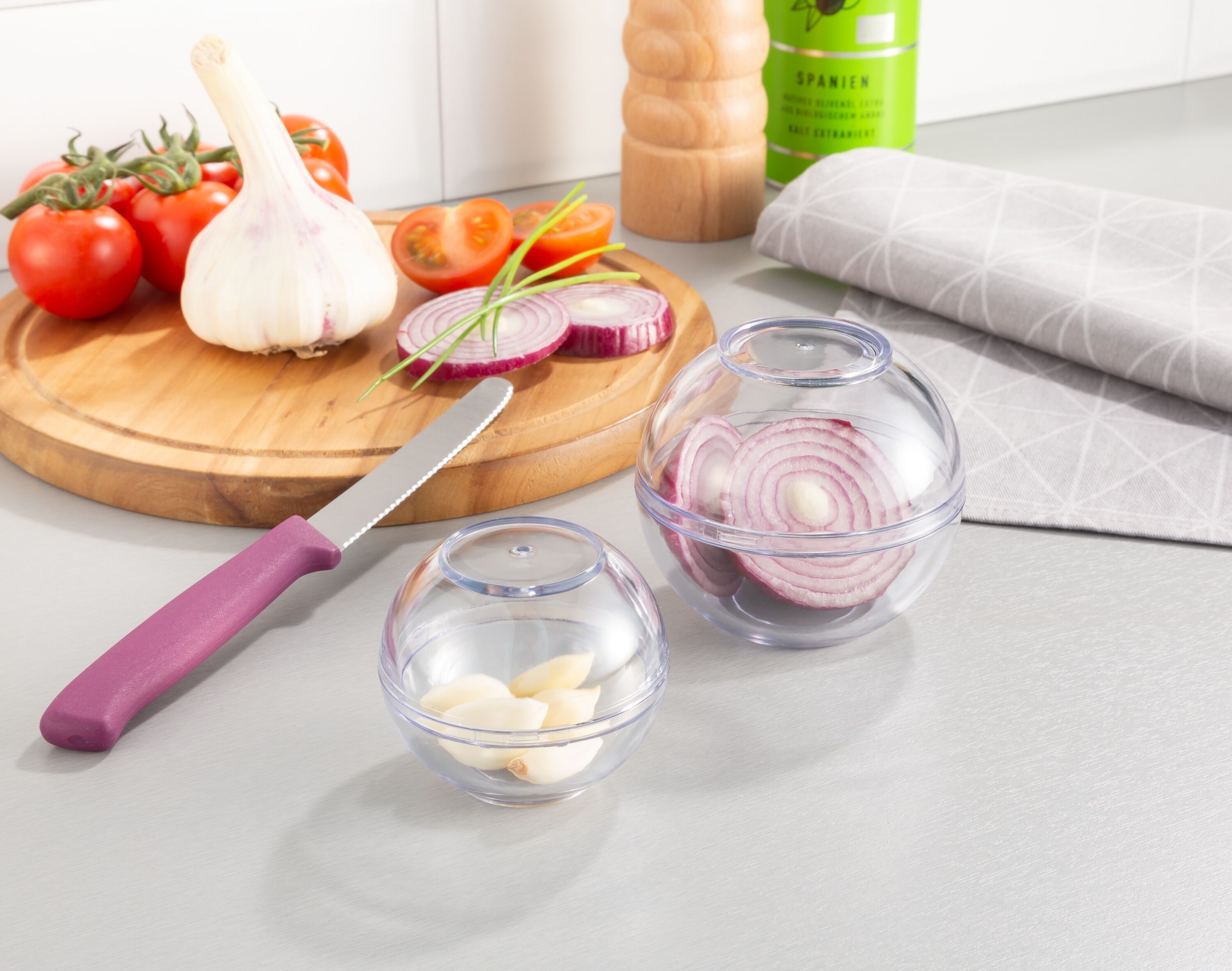 Frischhaltedose RUCO, transparent, Ø:9cm, Kunststoff, Lebensmittelaufbewahrungsbehälter, Frischhaltedose, Frischhaltekugeln für Zwiebeln und Knoblauch