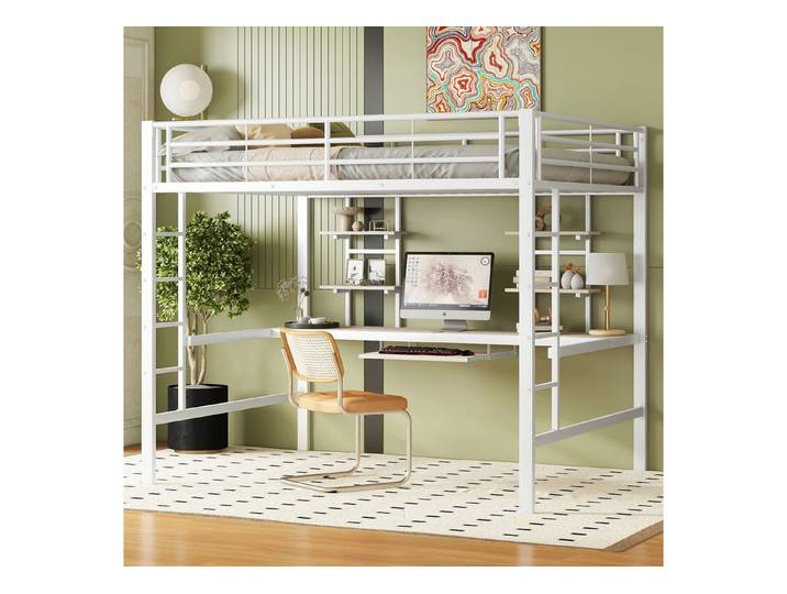 Flieks Hochbett Metallbett Kinderbett mit Schreibtisch & Regal 140x200cm ohne Stuhl