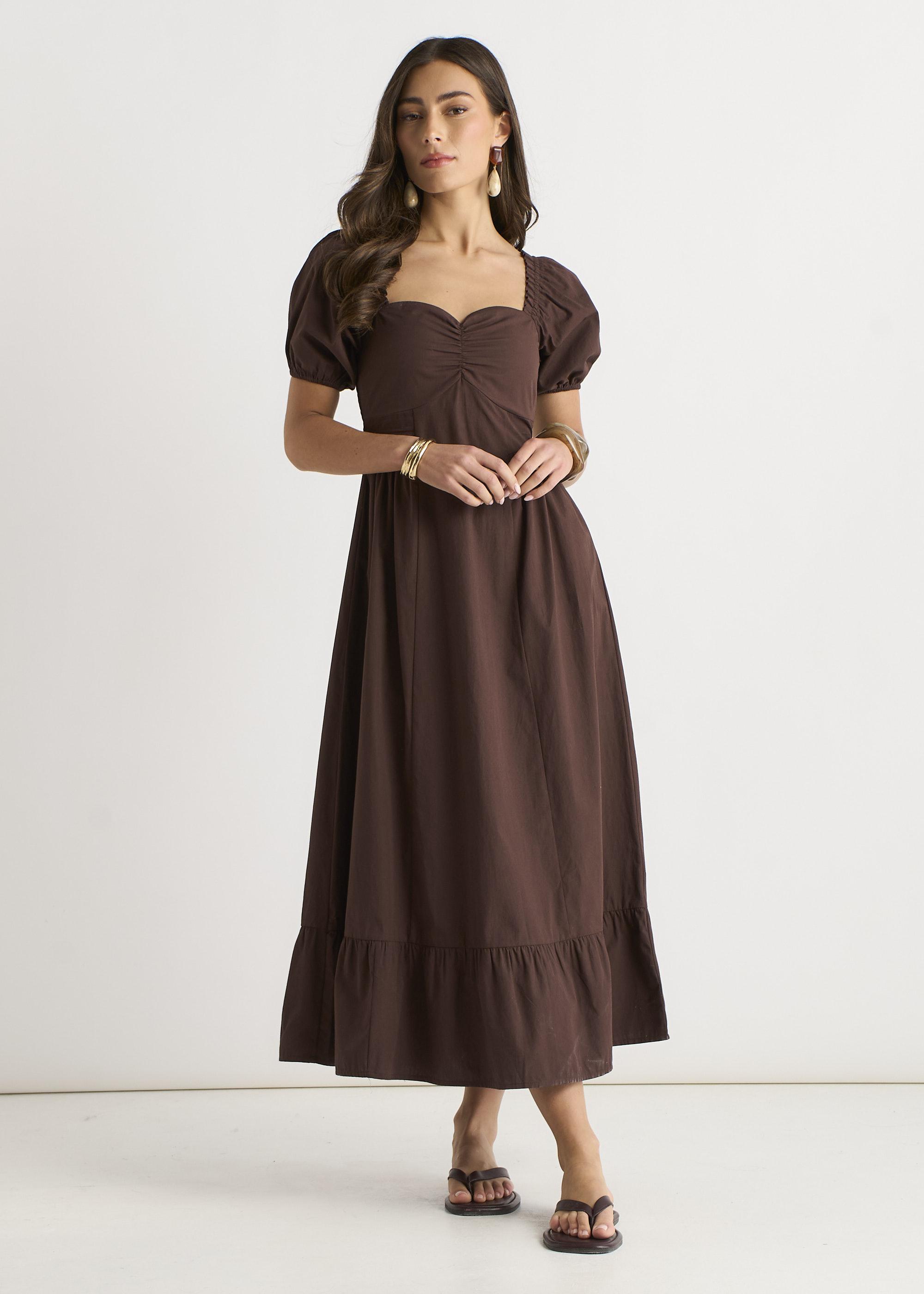 Braunes Zigeunerkleid mit Puffärmeln und Midaxi-Kleid