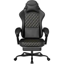 OKWISH Gamingstuhl mit Fußstütze Massagefunktion ergonomisch Schwarz 121x63x59 cm mit 90 105 135 Grad Neigung, verstellbarer Kopfstütze