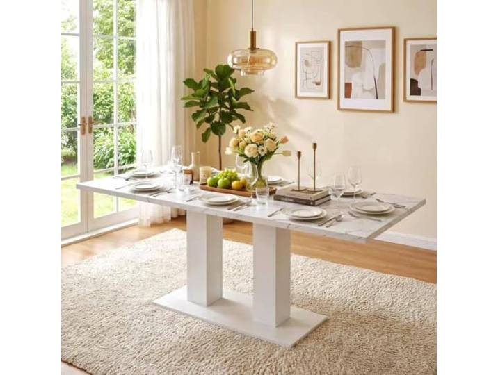 Merax Ausziehbarer Esstisch 140/180 x 70 cm, rechteckiger Esstisch mit doppelten Säulenbeinen, ausziehbarer Küchentisch für 6–8 Personen, Stabiler Esszimmertisch, Weiß