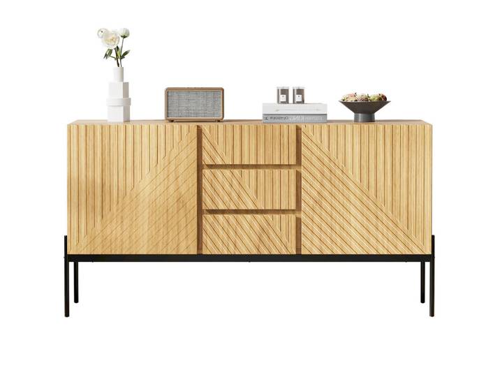 Redom Sideboard mit 2 Türen und 3 Schubladen, Natur, Metallbeine, 140/40/75 cm, Natur, Naturfarben, 140x75x40 cm, Kleinmöbel, Kommoden, Sideboards