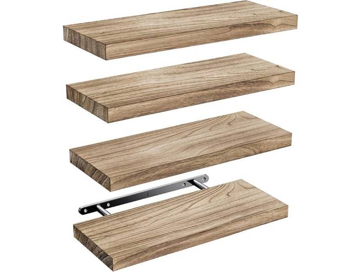 Etagere Murale De Salon Bois De Paulownia Lot De 4 Brun Clair Étagères Murales À Supports Métalliques Cachés 10 Kg Par Tablett