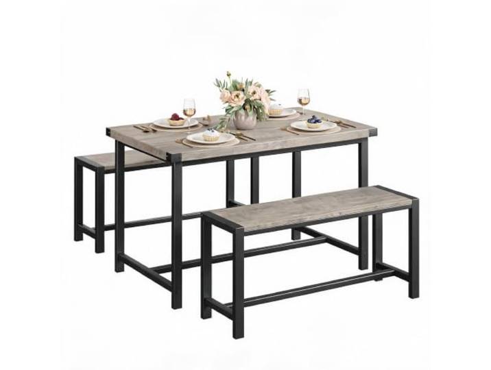 Zstar 3-teiliges Esstisch Set für 4 Personen mit 2 Bänken Grau Platzsparende Essgruppe mit H-Rahmen und Eckschutz im Industrial Design