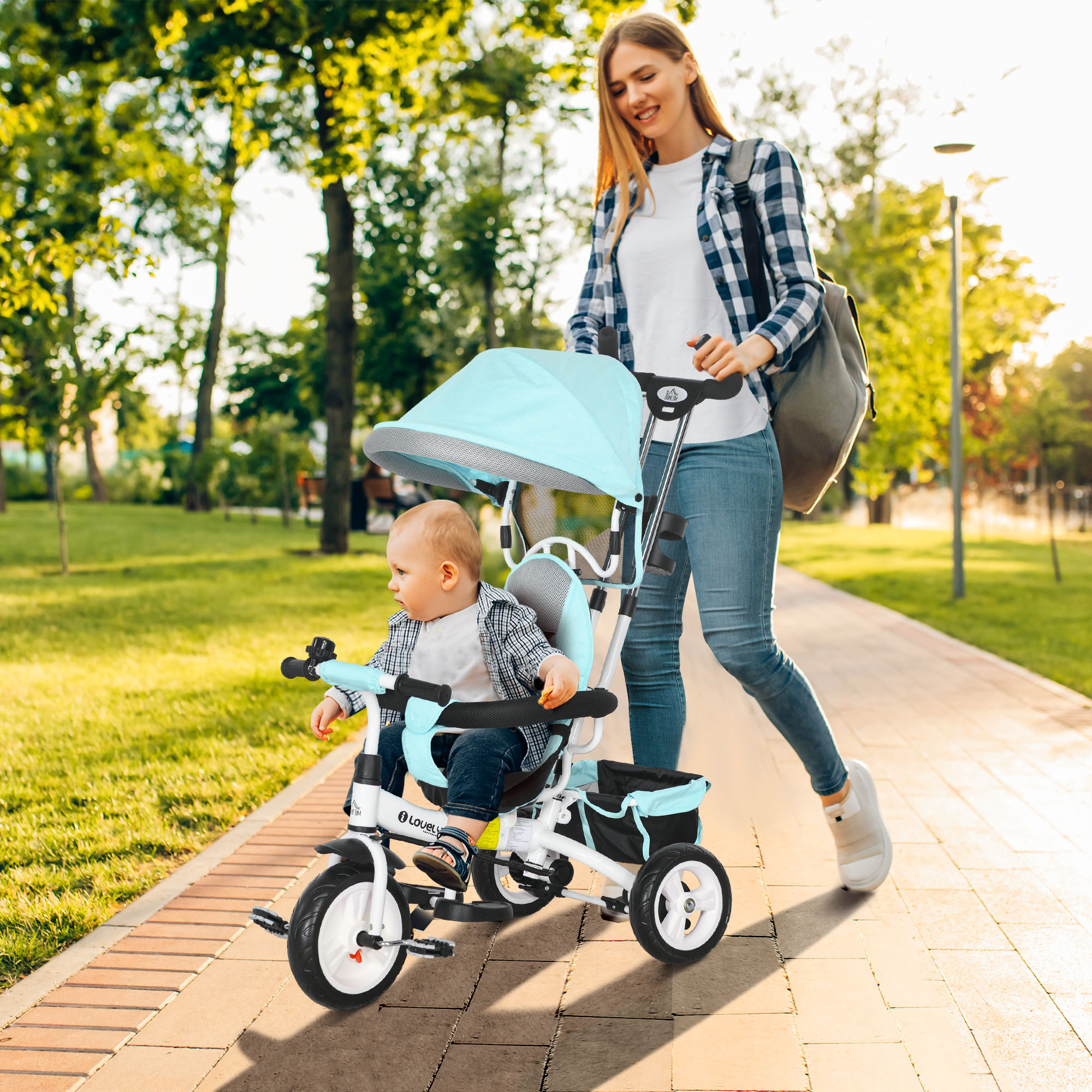Homcom Triciclo 6 in 1 per bambini, tetto, cintura di sicurezza a 5 punti, ripostiglio, poggiapiedi, freno, 1-5 anni, verde
