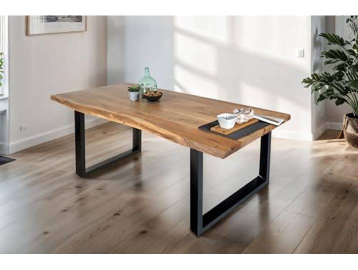 SAM Esstisch Tomaso 200x100 cm Akazie Natur Baumkante U-Gestell schwarz Baumkantentisch massiv, Akazienholz naturfarben, Metallgestell