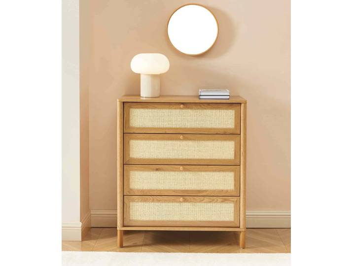 Commode 4 tiroirs effet chêne et rotin 80cm
