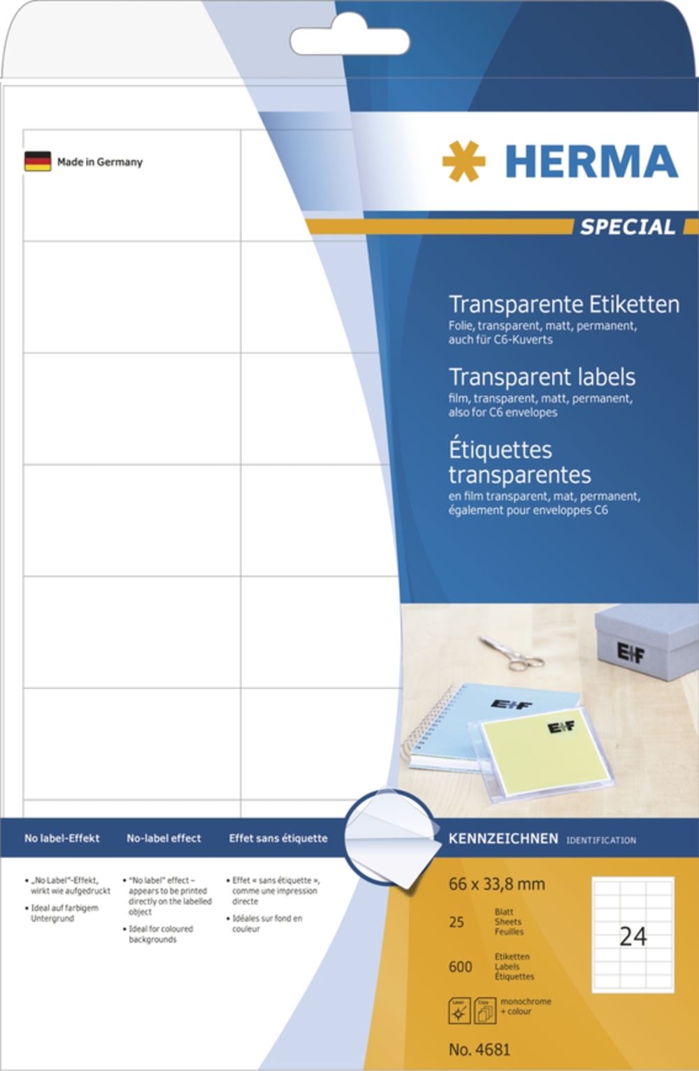 Herma 4681 Folie Transparent-Etiketten 6.6x3.38 cm (25 Blatt (600 Etiketten))