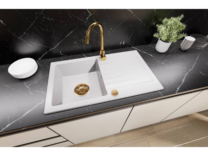 Faizee Möbel Granitspüle Granitspüle Küchenspüle inkl. Siphon Set Gold Einbauspüle 75x45, Rechteck, 75/45 cm