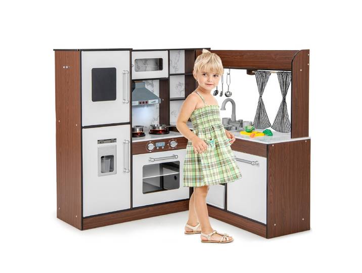Houten Hoekspeelkeuken voor Kinderen Keukenset voor Peuters Licht en Geluid Draaibare Kraan Oprolbare Gordijnen Opvouwbare Laden