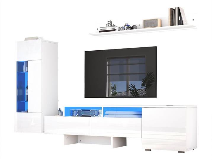 SeedWave Lowboard Wohnwand-Set mit 145cm TV-Schrank, H:100cm Vitrine mit LED, Hängeregal, Schränke mit Hochglanzfronten, Vitrine stehend / wandmontierbar