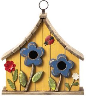"Glitzhome 10.5""H Distressed Solid Wood Birdhouse with 3D Flowers - 10.5"""