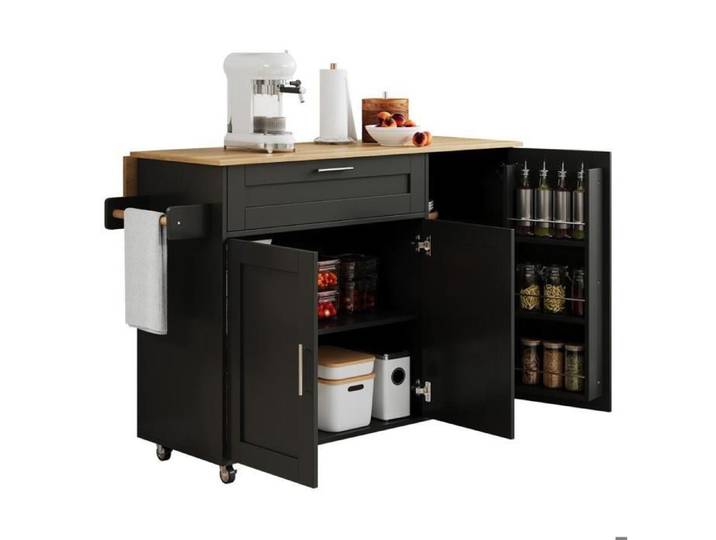 Table de cuisine mobile plan de travail pliable en grain de chêne armoire de cuisine avec étagère à épices porte-serviettes