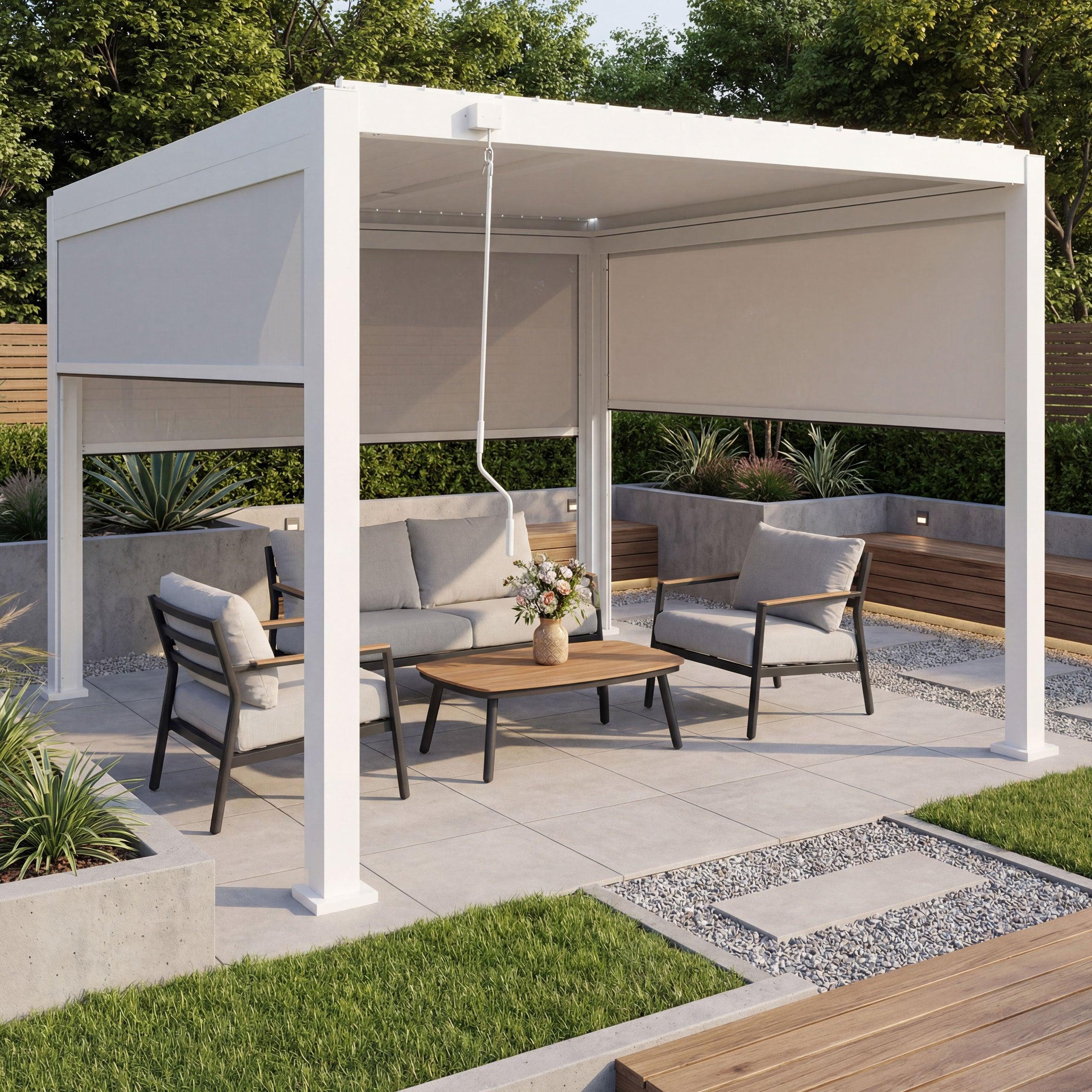 Pergola MCW-P65 mit 3x Seitenwand, Rollo Terrassenüberdachung Garten Lamellenpavillon, 10cm-Alu-Gestell 3x3m weiß