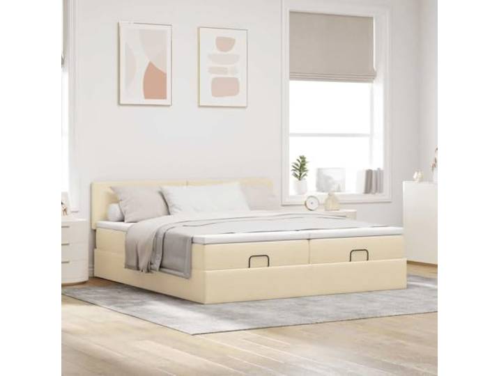 KTHLBRH Boxspringbett 180 x 200 cm Creme mit Matratzen Hydraulisches Heben, 2 Taschenfederkernmatratzen, Kopfteil inklusive, Polyestergewebe