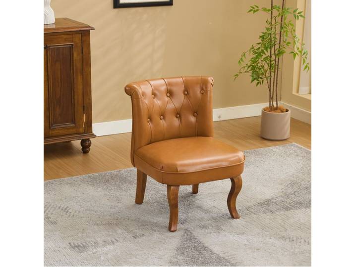 Fauteuil en cuir véritable marron clair avec piètement en bois massif et dossier capitonné