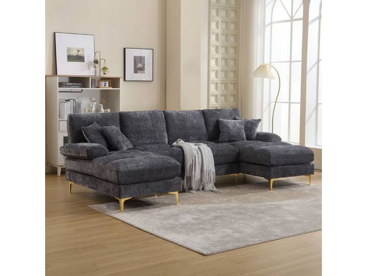 Canapé d angle en U 272x136 cm - FloraGrace avec deux méridiennes quatre coussins de dossier et pieds métal - Gris