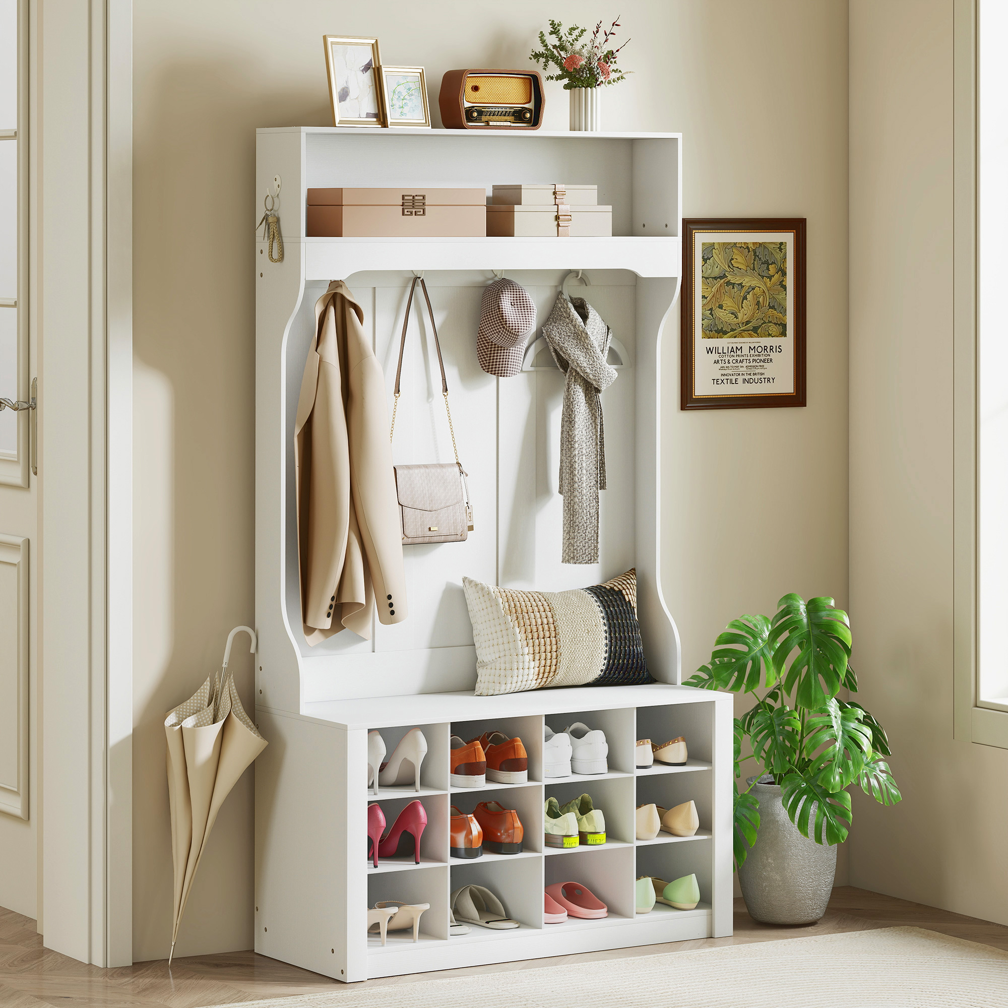 Homcom Attaccapanni con Scaffale, Panca, Ganci, Scomparti per le Scarpe, in Truciolato, 100x35x172,2 cm, Bianco   Aosom Italy