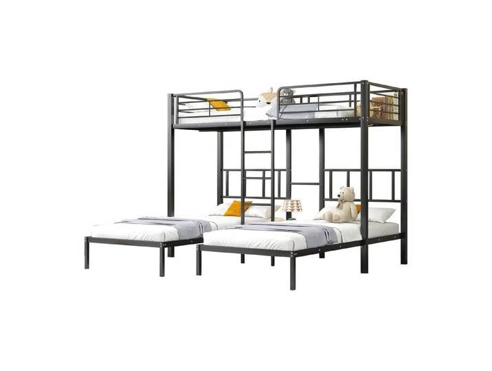 Merax Etagenbett, 90x200cm Kinderbett Dreierbett Metallbett mit Leiter