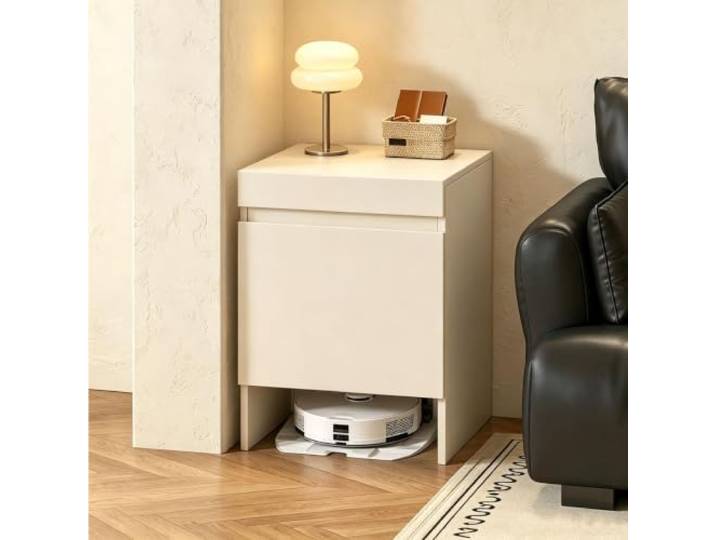 sunbiaouk Aufbewahrungsschrank für Saugroboter/Beistelltisch Freistehendes Holzregal mit ausziehbarem Fach für Wohn- und Schlafzimmer(White)