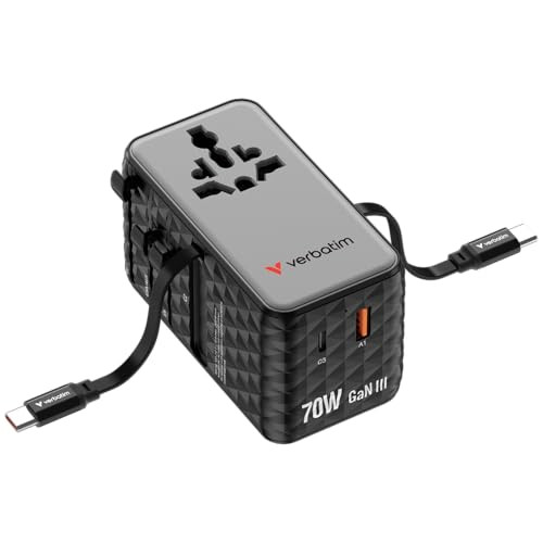 Verbatim GaN Reisadapter 70 W, zwart, wereldwijde snellader met 2 geïntegreerde kabels, USB-C, USB-A en 2 x USA/JP-aansluitingen