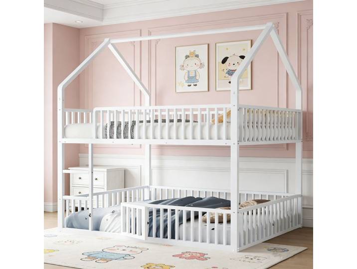 Lit superposé enfant 140x200 avec escalier style mezzanine lit double lit enfant en métal blanc