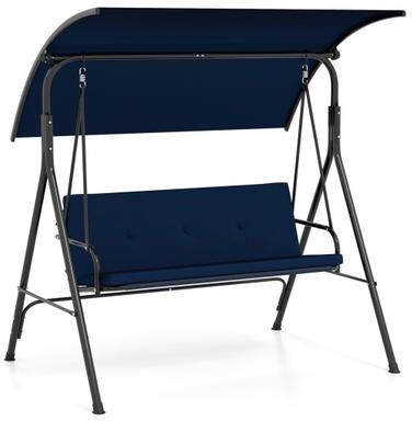 Costway Patio Swing Chair with Adjustable Canopy & Removable Cushion and Metal Stand-Navy