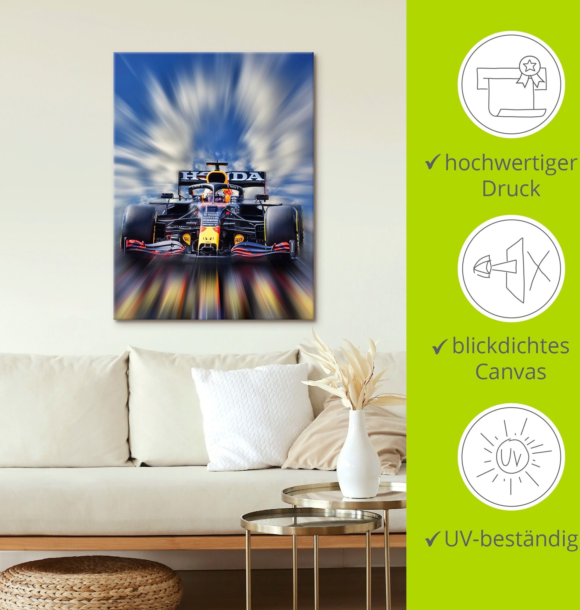 Wandbild ARTLAND "Max Verstappen - Weltmeister der Formel1", blau (farbe bild(er): blau), B:60cm H:80cm, Bilder, Wandbild, als Alubild, Leinwandbild, Poster in verschied. Grössen farbe bild(er): blau B/H/T: 60cm x 80cm, Leinwandbild Auto Hochformat, 1 Stk
