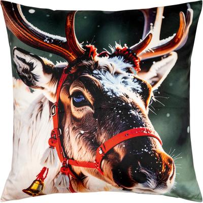 Dekokissen PAD "RUDI", bunt (beige, gemustert), B:45cm L:45cm, Polyester, Dekokissen_Sitzkissen_Kissenhüllen, Charmantes Rudolph-Rentier-Motiv für nostalgische Weihnachten