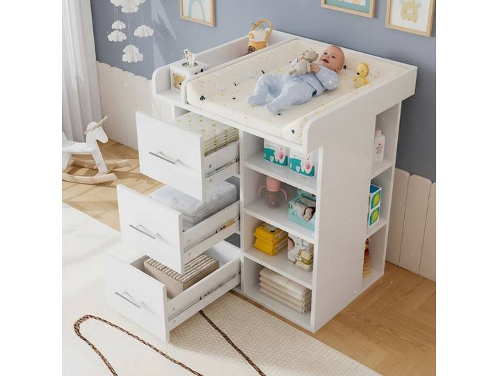 OKWISH Wickelkommode Wickeltisch mit 3 Schubladen und viel Stauraum, Weiß, 80x75x100 cm, Trennwände