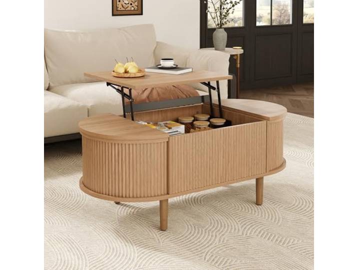 Merax Ovaler Couchtisch verstellbar mit Stauraum, Vintage Stil, Wohnzimmer-Couchtisch, multifunktionaler Aufbewahrungstisch, Massivholz Beine, modernes Multifunktionsmöbel,Eiche