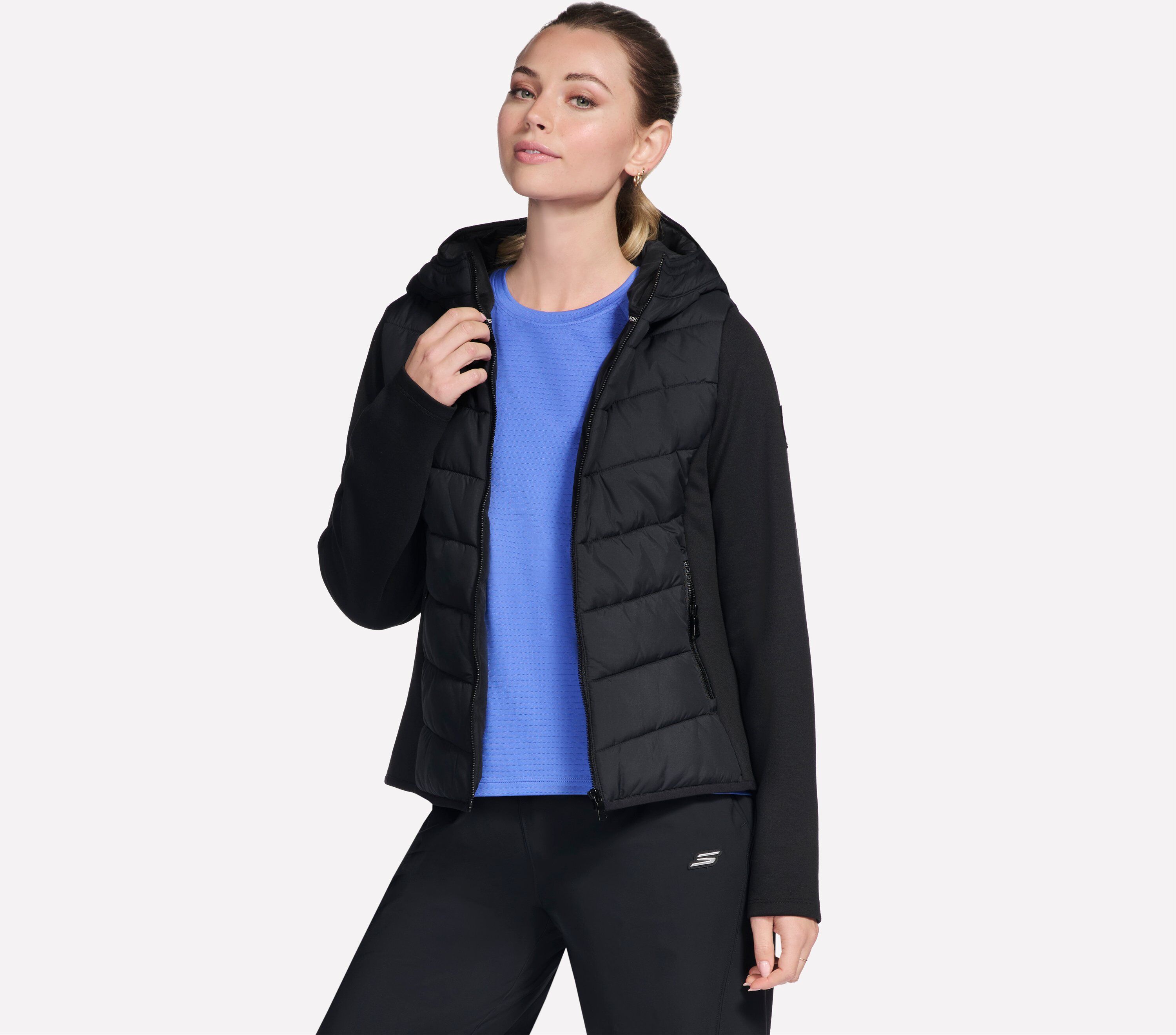Funktionsjacke SKECHERS "SKECHERS PERFORMANCE ELITE HOODED JACKET", Damen, Gr. XL, schwarz, Obermaterial: 100% Polyester, Jacken Funktionsjacke, Hybridjacke, mit gesteppter Vorder- und Rückseite schwarz XL