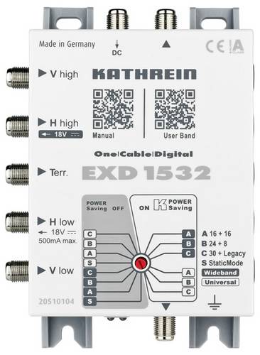 Kathrein EXD 1532 SAT Multischalter Eingänge (Multischalter): 5 (4 SAT/1 terrestrisch) Teilnehmer-Anzahl: 32 StandBy-Funktion