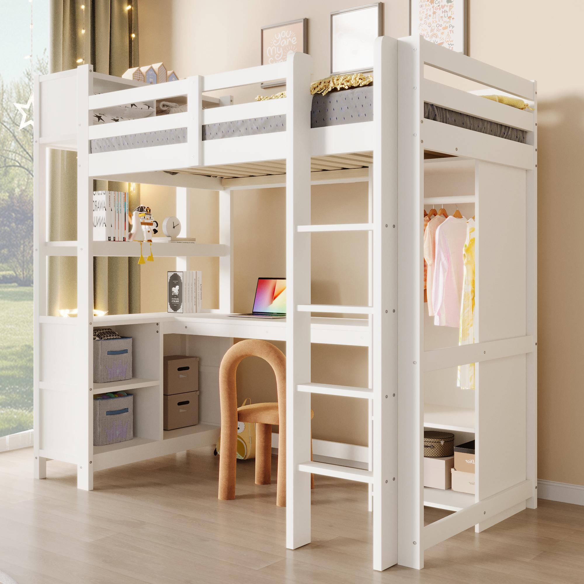 Merax Etagenbett Hochbett 90x200 cm, Kinderbett mit Schreibtisch, Regalen, Kleiderschrank, Ablagefächern, Stauraum, Jugendbett, Stockbett, Weiß