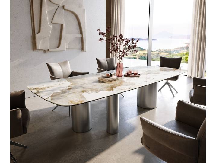 Esstisch Edge Boot 300x120 cm Keramik Minas Melange Weiß-Beige Troa Edelstahl gebürstet, Esstische