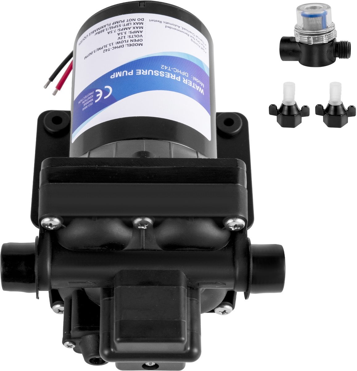 12V Zelfaanzuigende Waterpomp met 45 PSI Druksensor, 3 GPM Sproeipomp met Afneembaar Zeefmembraan voor Camper, Caravan en Boot, Transparant/Zwart