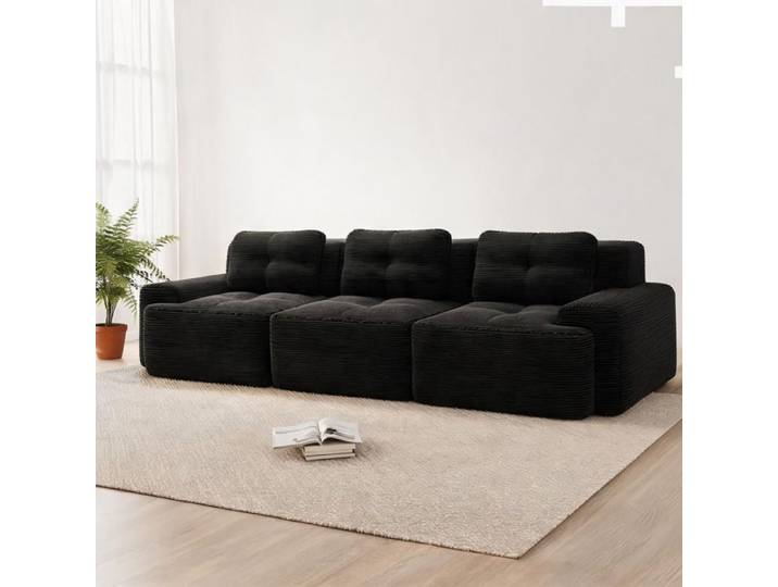 Canapé modulable 3 places grand format velours côtelé matte black sans montage pour salon
