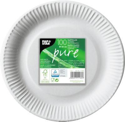 Pappteller Papstar Pure, Einweg, rund, Ø 230 mm, lebensmittelecht, FSC®-zertifiziert, weiß, 6 x 100 Stück