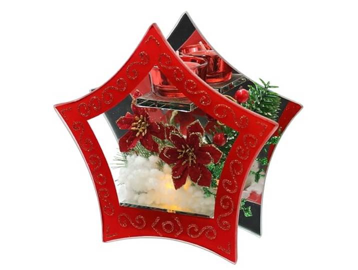 Teelichthalter aus Glas mit LED Licht und Teelichtkerze mit Christstern Beeren Tannenzweige Kunstschnee Weihnachtsdeko Dekoobjekt Tannenbaum Kerzenhalter Lampe Dekoration Geschenk Ornamente 3D Bild