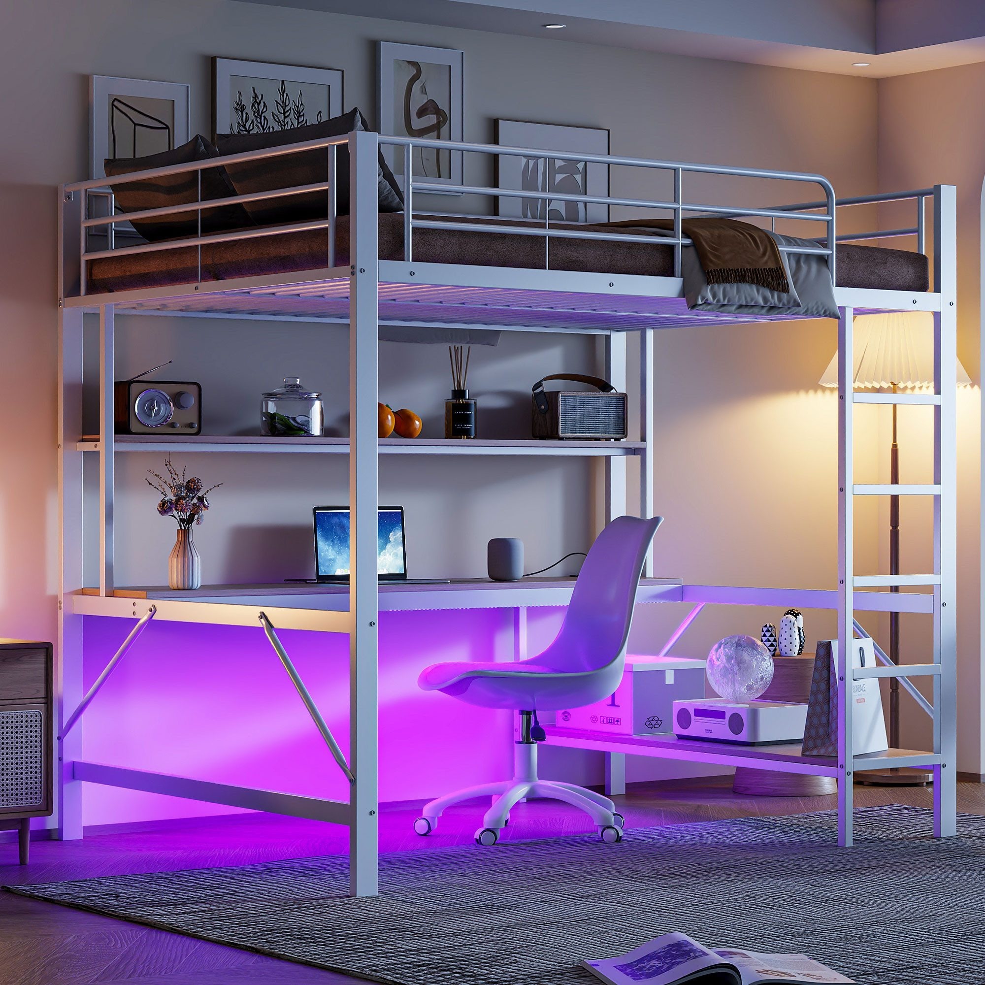 Odikalo Kinderbett Hochbett Metallbett Geländer Leiter USB LED Schreibtisch 140*200 cm Regale Weiss