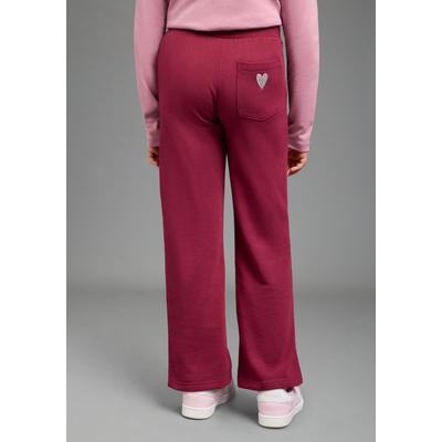 Sweathose KIDSWORLD "Sweathose mit weitem Bein und Stickerei", Mädchen, Gr. 104, N-Gr, rot (bordeaux), angeraute Sweatware, Obermaterial: 60% Baumwolle, 40% Polyester, bestickt, unifarben, loose fit lang, Hosen Sweathose, Weite Sweathose mit...