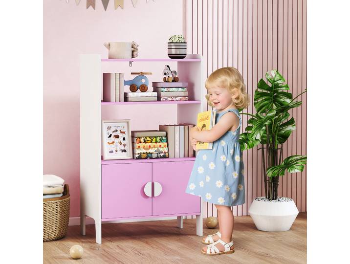 AIYAPLAY Étagère Enfants 2 Niveaux MDF Rose Blanc Anti-Basculement