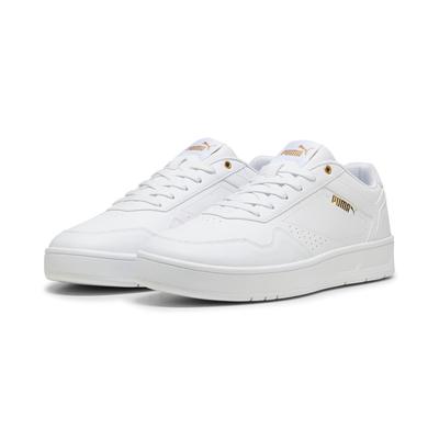 Sneaker PUMA "COURT CLASSIC", Damen, Gr. 44,5, Textil, weiß (puma weiß, puma gold), Synthetik, Schuhe Sneaker, für sportliche Einsätze, mit Gummi-Laufsohle, mit Schnürverschluss