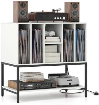 Costway Record Player Stand with Charging Station and Metal Frame-White
