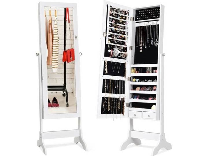 COSTWAY Armoire à Bijoux sur Pied avec Miroir Pivotante à 4 Niveaux avec 8 Étagères Rangement pour Bijoux et Cosmétiques Blanche