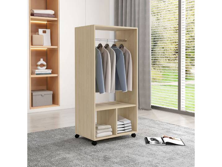 HOMCOM Armoire Bois 2 Niches 4 Roulettes